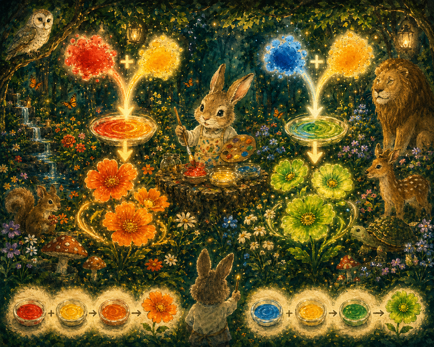 Color Mixing Garden illustrated cover with paint and color swatches.