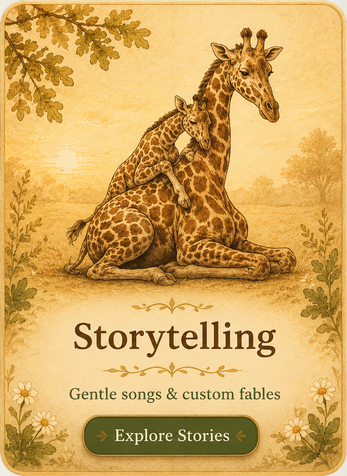 Storytelling card with mother giraffe and baby in golden watercolor style